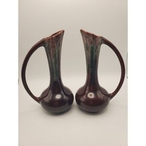 VTG Mid Century Canadian Art Pottery Drip Glaze Mirror Ewer Vase Pair #2600